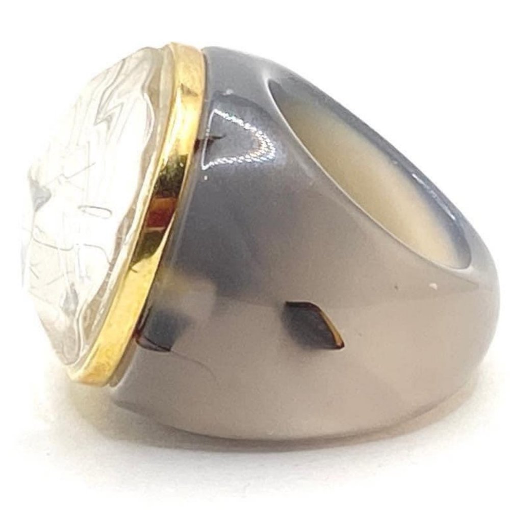 Vintage 18KGP rimmed domed agate statement ring with crystal quartz - size 7. - Picture 2 of 6
